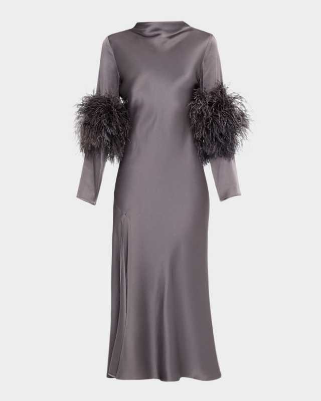 Feather-Trim Long-Sleeve Satin Bias Midi Dress